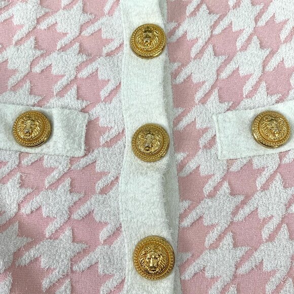 Houndstooth Pink & White Balmain Short Sleeve Cardigan With Gold Buttons - Picture 5 of 8